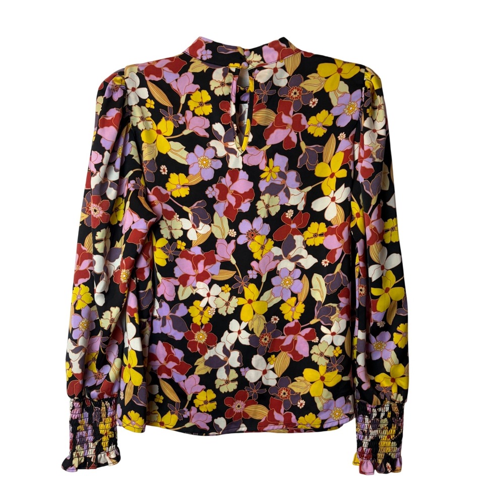 Who What Wear Black Floral Mock Neck Top Smocked Cuffs Dark Floral Womens M - Picture 3 of 6